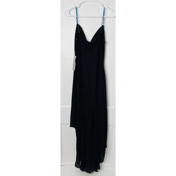 Niki Livas Evening Dress 10 Beaded Black 90s Style Handkerchief Hem Draped Neck - Picture 4 of 14